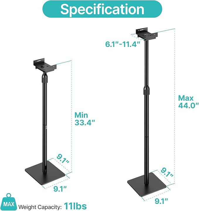 Pegzone Height-Adjustable Speaker Stands Pair, 11LBS Capacity, Height - Image 9