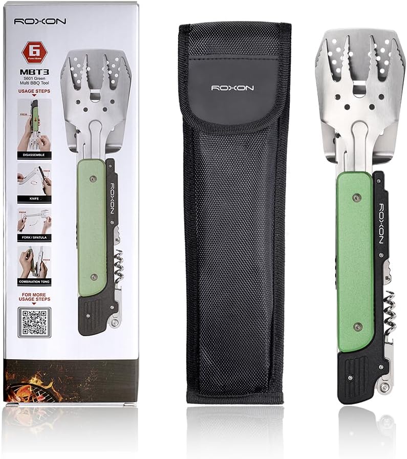 ROXON 6-in-1 Grill Tools Set, Metal Griddle Accessories Kit for Blackstone | BBQ Utensils: Tongs, Fish Spatula, Fork, Knife, Opener & Corkscrew; Stainless Steel, for Flat Top Cooking, Camping & Outdoor