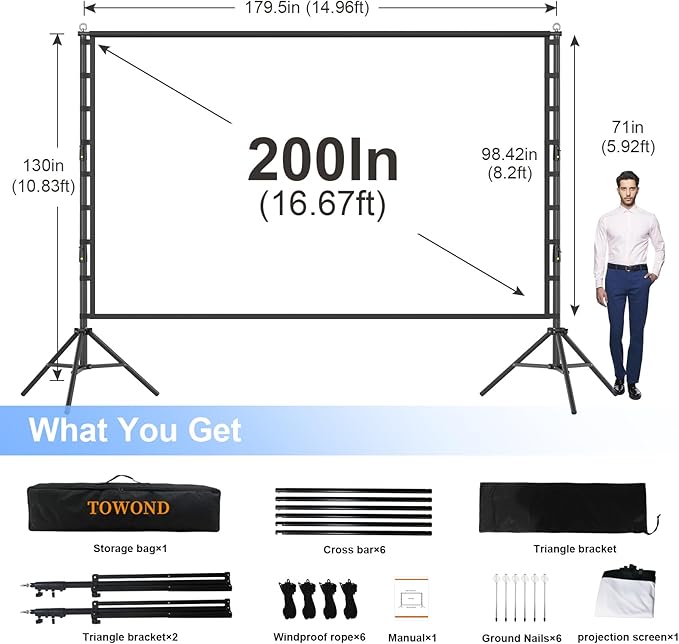 Outdoor Projector Screen with Stand, TOWOND 200 Inch Portable Projection Screen - Image 3
