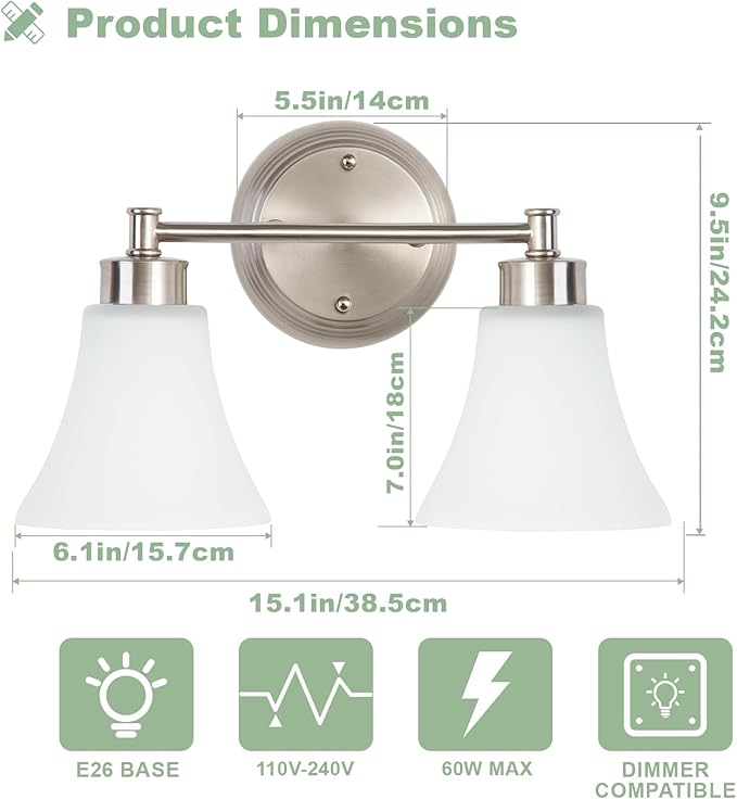 LOUSACE 2 Light Bathroom Vanity Light Brushed Nickel Bathroom Lighting Fixtures - Image 5