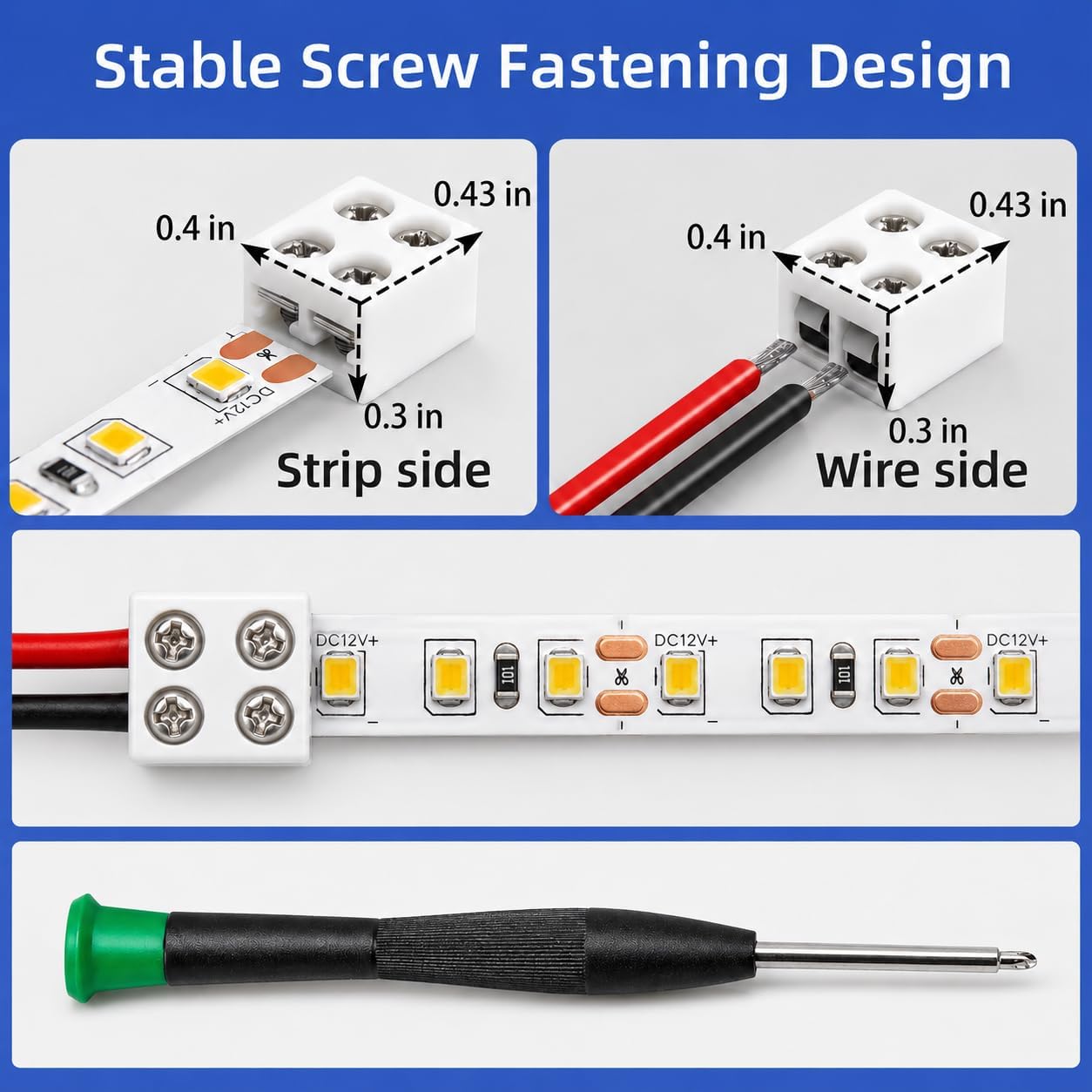 25 Pack 2 Pin 8mm LED Strip Connectors, Solderless Screw Terminal LED Light Strip Connectors with Adhesive Pads, Wire to Strip Connector for 5V 12V 24V