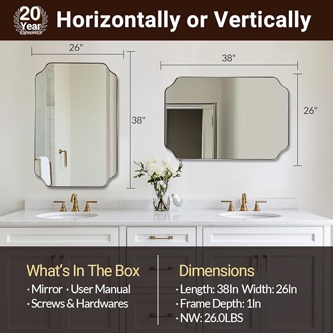 ANDY STAR 26x38 Inch Mirror for Bathroom, Brushed Nickel Scalloped Rectangle - Image 2
