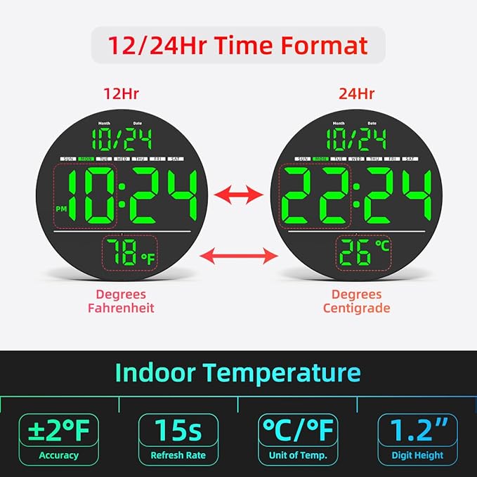 Digital Wall Clock with Large LED Display, Temperature, Auto-Brightness | Small - Image 5