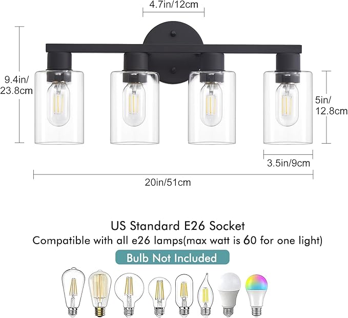 4 Light Bathroom Vanity Light, Matte Black Bathroom Light Fixtures - Image 3