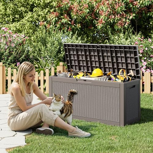 outdoor storage box waterproof, 80 gallon deck box on a desk or shelf