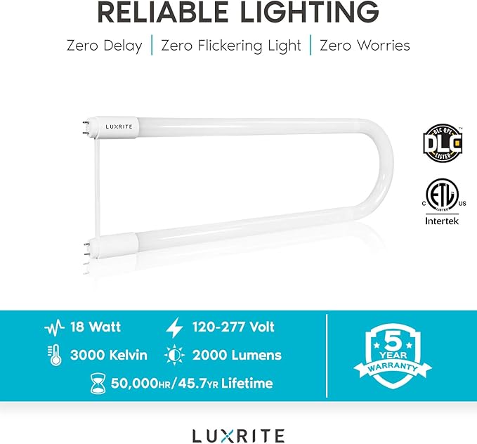 LUXRITE U Bend LED Tube Light, T8 T12, 3000K Soft White, 2000 Lumens, - Image 7