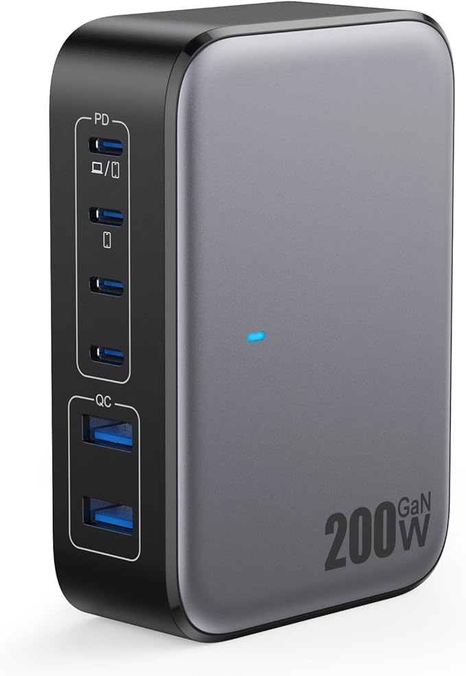 USB C Charger 200W USB Charging Block, 6 Ports GaN IV Foldable Wall Charger by GKUTW