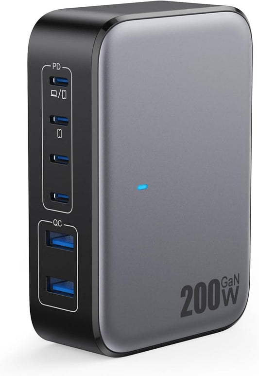 USB C Charger 200W USB Charging Block, 6 Ports GaN IV Foldable Wall Charger by GKUTW