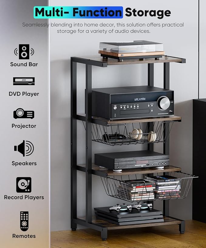 Ardier Media Stand with Two Detachable Baskets, 4-Tier AV Media Stand Corner - Image 5