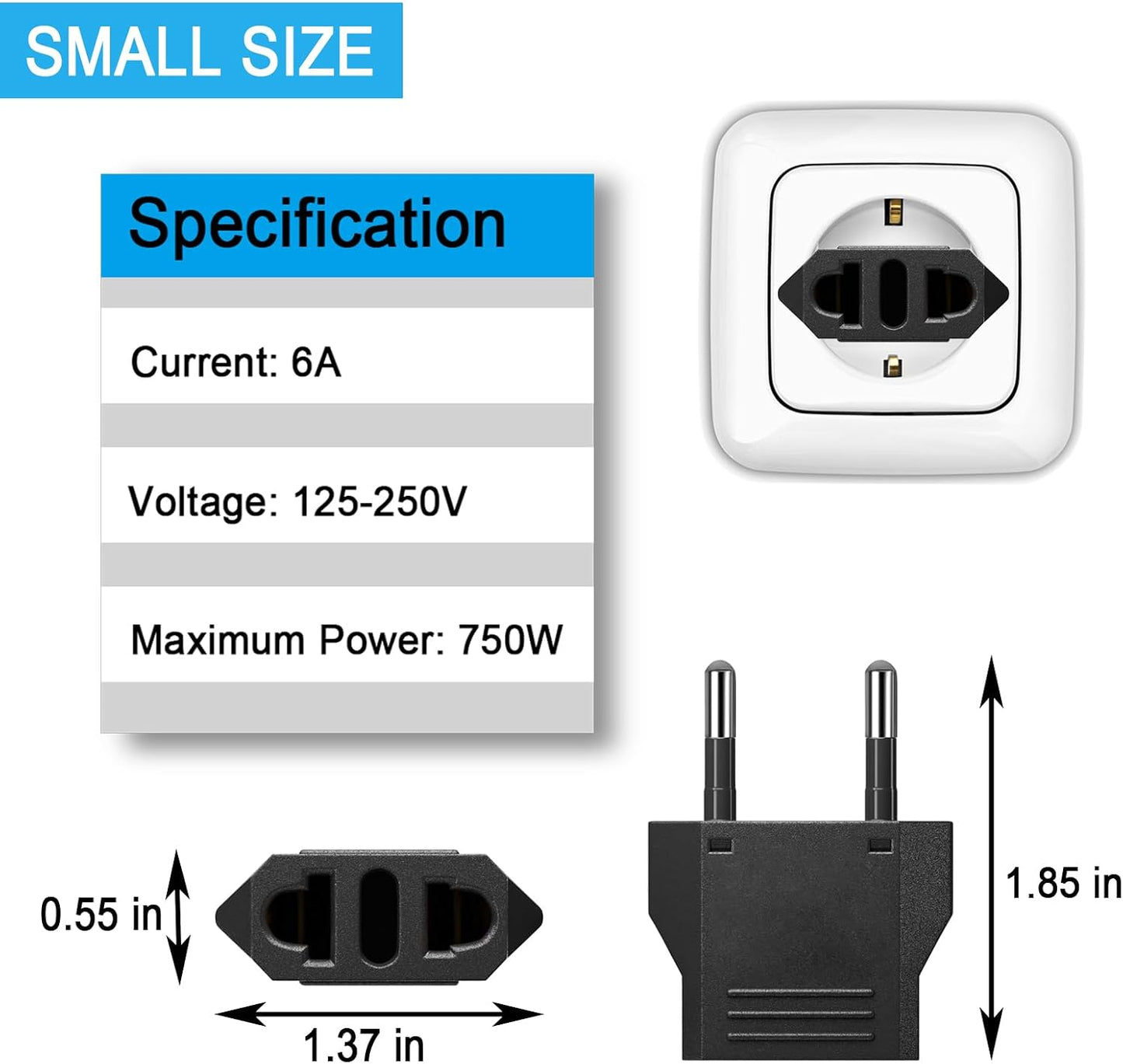 6 Pack US to European Travel Plug Adapter- Type C Travel Adapter Europe, European Outlet Wall Adapter Power Converter (Black)