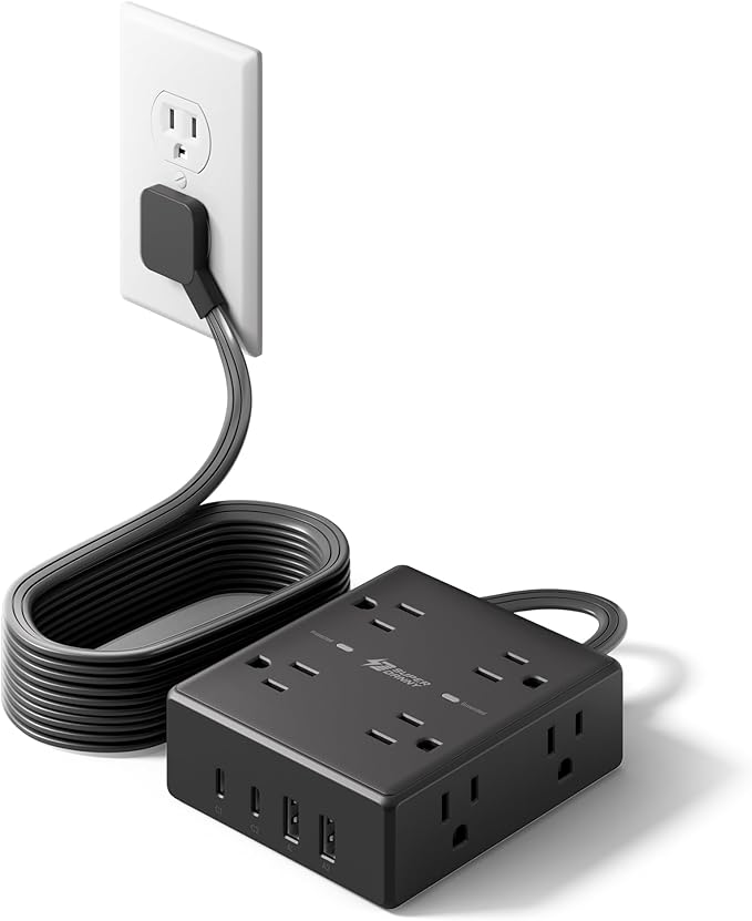 10Ft Extension Cord with Multiple Outlets, Flat Plug Power Strip Surge by SUPERDANNY