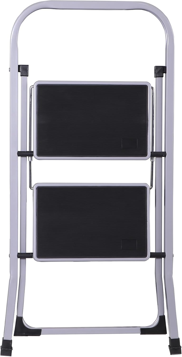 ZENY 2 Step Ladder Folding Step Stool with Wide Anti-Slip Pedal, Convenient Handgrip, Portable Steel Step Stool, 300 lbs Sturdy Steel Ladder for Household and Office, Gray