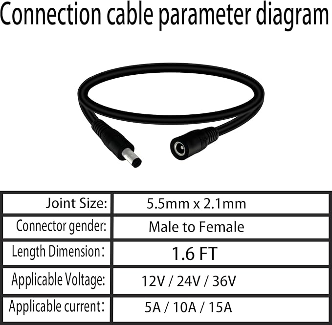 5.5mm x 2.1mm 1.6FT DC Power Extension Cable Male to Female 12V/24V 14AWG DC - Image 6
