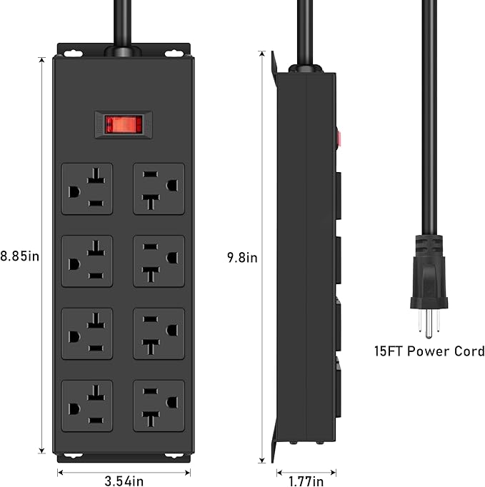 JUNNUJ Heavy Duty 20 Amp Power Strip, Garage 8 Outlets Metal 12 Gauge Surge - Image 2
