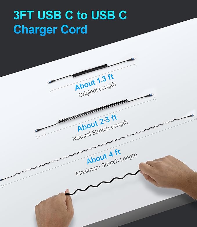 USB C Cable 100W 3FT Coiled USB C to USB C Charger Cable - Image 6
