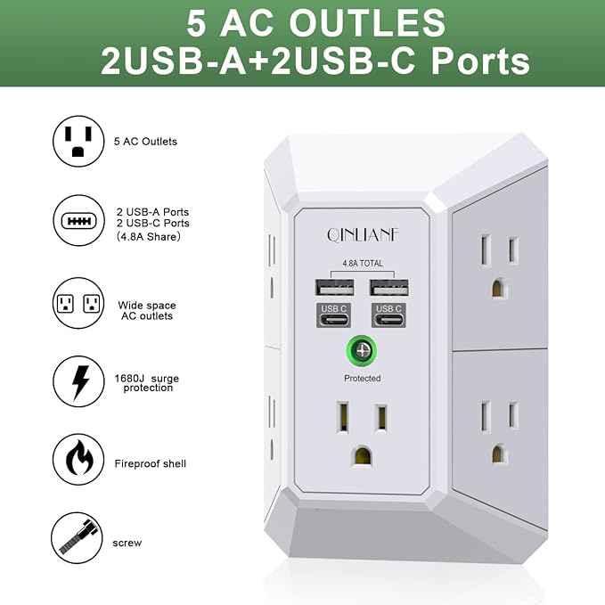 USB Wall Charger, Surge Protector, QINLIANF 5 Outlet Extender - Image 3