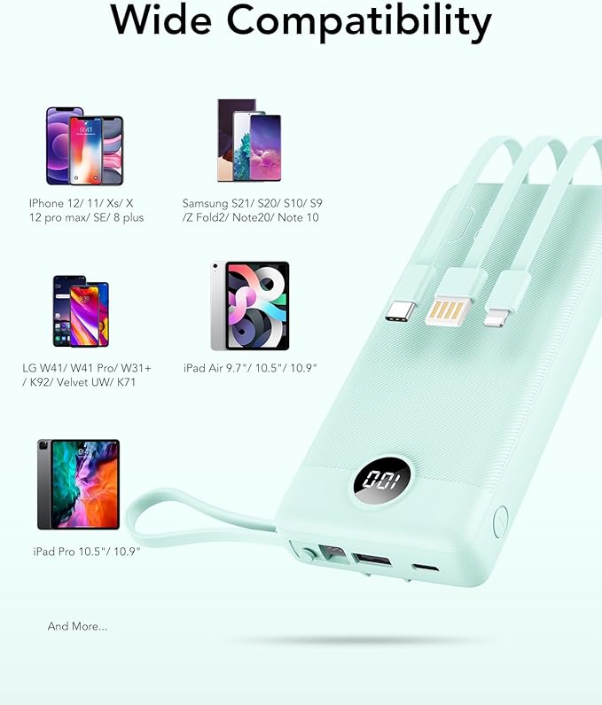VRURC Portable Charger 20000mAh, Built-in Cables Fast Charging Power Bank - Image 9