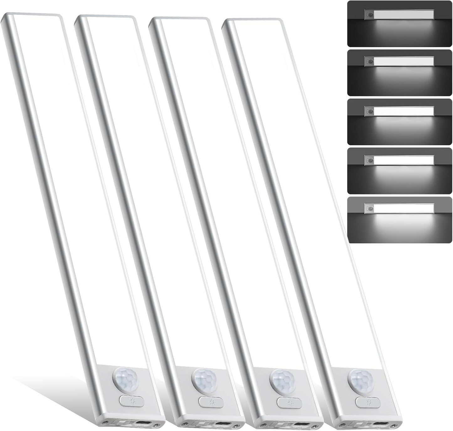 4 Pack Under Cabinet Lighting, Rechargeable Motion Sensor Light Indoor, Wireless Dimmable Magnetic Closet Lights, 32 LED Under Counter Lights for Kitchen, Wardrobe, Stairs, White Light