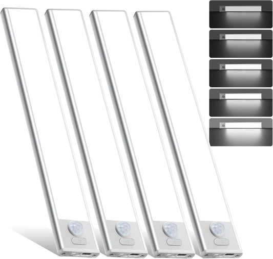 4 Pack Under Cabinet Lighting, Rechargeable Motion Sensor Light Indoor, Wireless Dimmable Magnetic Closet Lights, 32 LED Under Counter Lights for Kitchen, Wardrobe, Stairs, White Light