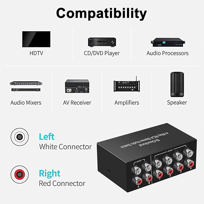 Y.D.F 4-Way Bi-Directional RCA Switch, HiFi AV L/R Sound Channel 2 in 4 Out or - Image 2