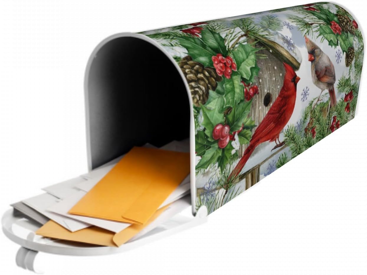 Winter Cardinal Christmas Mailbox Covers Magnetic Standard Size 18x21 Red Green Xmas Birds Holly Pine Print Decorative Mailbox Wrap Cover Holiday Decorations Outdoor Home Patio Garden Decor