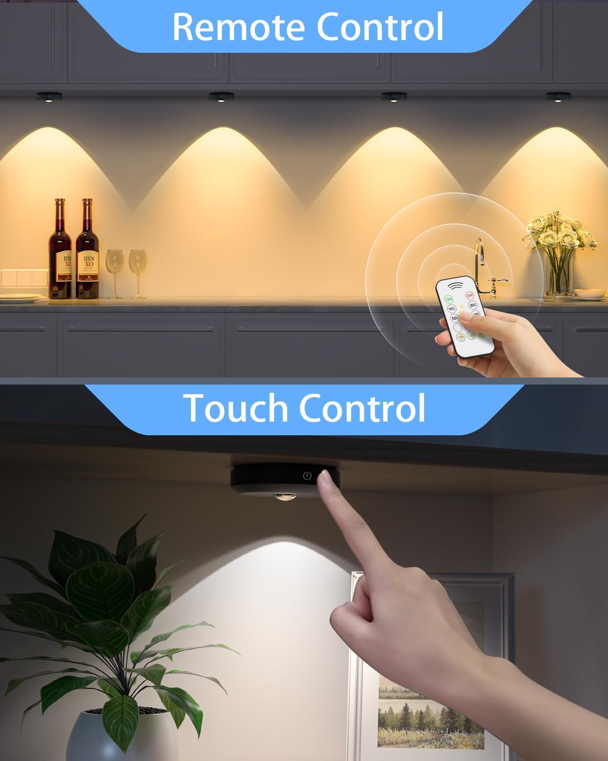 WILLED Puck Lights with Remote Control, Rechargeable Under Cabinet Lights, 1200mAh Battery Operated Tap Lights, Dimmable Push Lighting, Wireless Closet Light, LED USB Stick On Light (6 Pack)