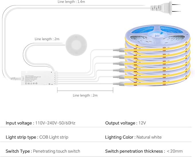 CHNMALITAI 12V Under Cabinet Lighting Kit, 3.3Ft 6-in-1 Self-Adhesive COB LED - Image 3