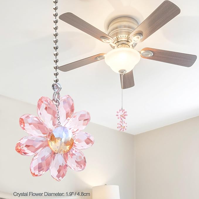 LEFERS Ceiling Fan Pull Chain, 2 Pieces 1.8" Crystal Glass Flower Pendants - Image 3