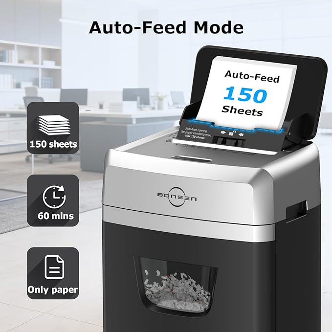 BONSEN 150-Sheet Autofeed Paper Shredder Heavy Duty, 60 Mins Micro-Cut Shredder - Image 2