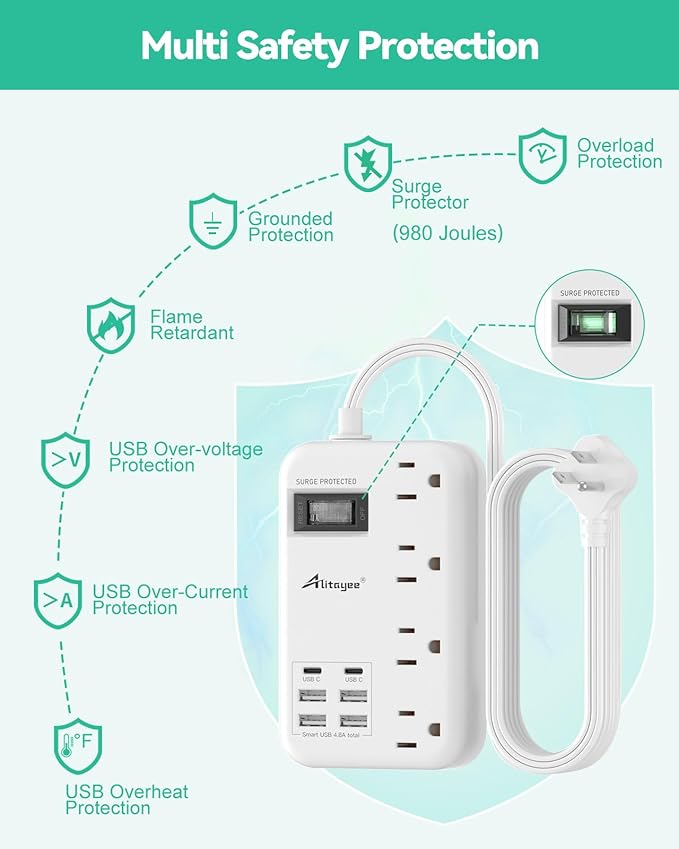 Alitayee 6 USB Surge Protector Power Strip- Travel Power Strip - Image 6