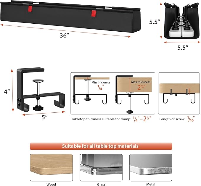 Univivi No Drill Under Desk Cable Management Tray, Clamp/Screw Mount Desk Cable - Image 4