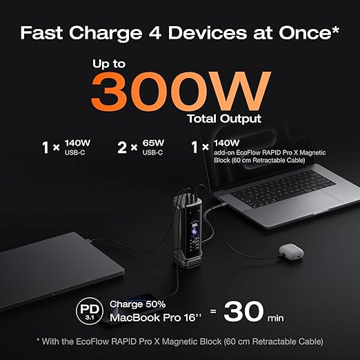 EF ECOFLOW Rapid Pro X Power Bank, 140W Built-in Cable, 3-Port Portable Charger - Image 2