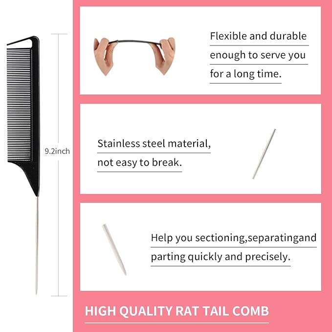 3 Pieces Hair Styling Comb Set Teasing Brush Rat Tail Comb Edge Brush - Image 4