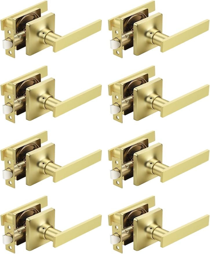 Mengico 8 Pack Passage Door Levers Gold Finish, No-Locking Keyless Square Door by Mengico