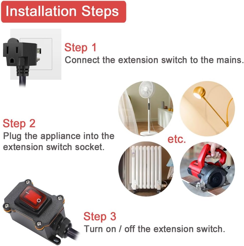 Inline Cord Switch with 3.3FT 14AWG Cable Piggyback Plug(3-Pronged), IP67 Waterproof Extension Cord with On/Off, AC/DC 20A-125V Inline Power Switch with Red LED Rocker Button