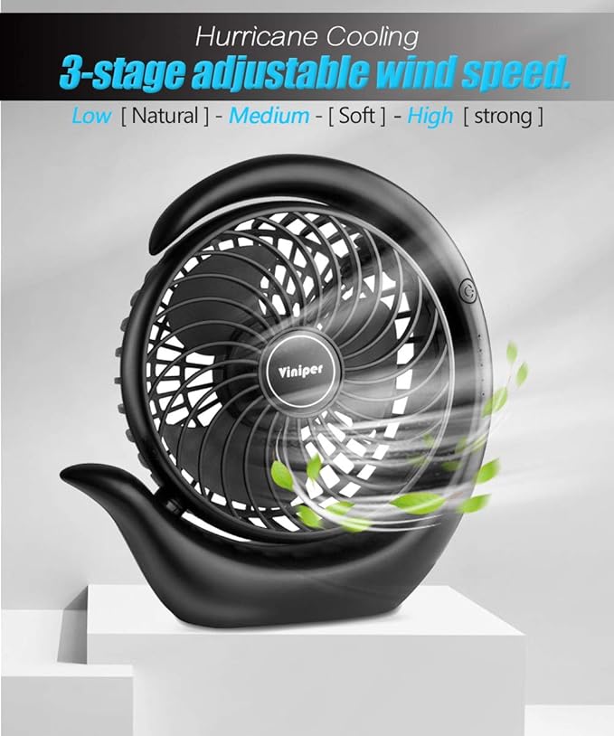Viniper Portable Rechargeable Fan, Small Desk Fan : 3 Speeds & about 8-24 Hours - Image 4