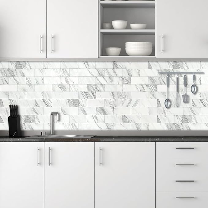 AULIGET 4-Piece White Marble Look Peel and Stick Backsplash Wall Tiles - Image 2
