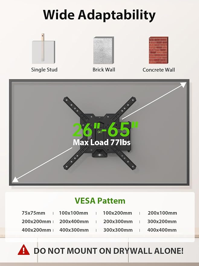 USX MOUNT UL Listed Full Motion TV Mount, Swivel Articulating Tilt TV Wall Mount - Image 7