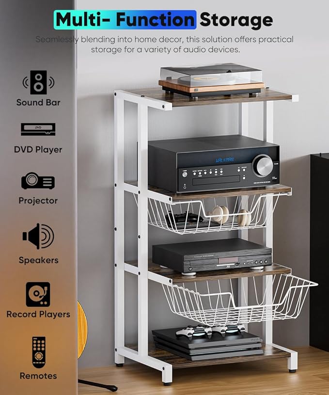 Ardier Media Stand with Two Detachable Baskets, 4-Tier AV Media Stand Corner - Image 5