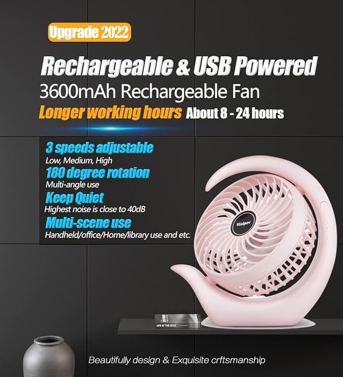 Viniper Battery Operated Fan, Usb Desk Fan : 180° Rotation and 3 Speeds - Image 3