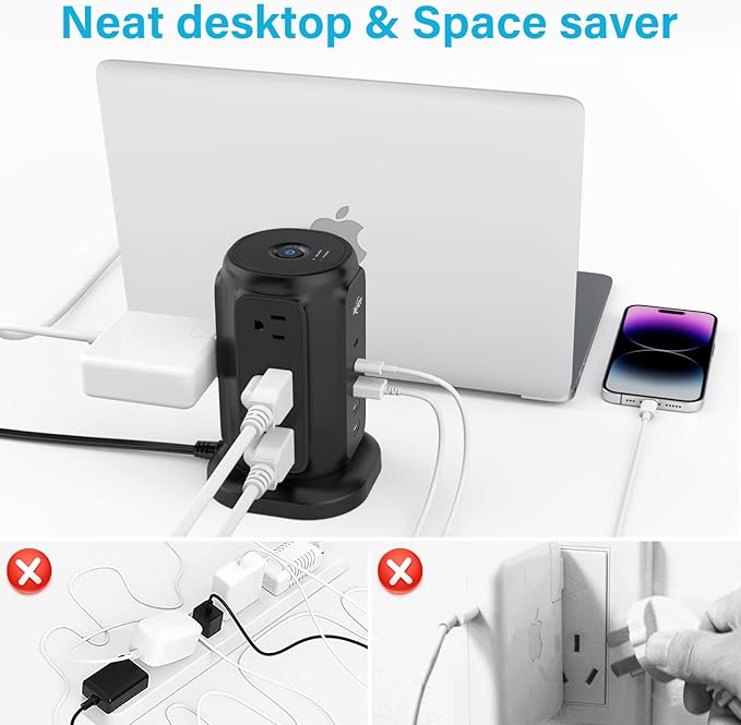AiJoy Power Strip Tower with 9 AC Outlets and 5 USB Ports, Flat Plug 1625W - Image 6