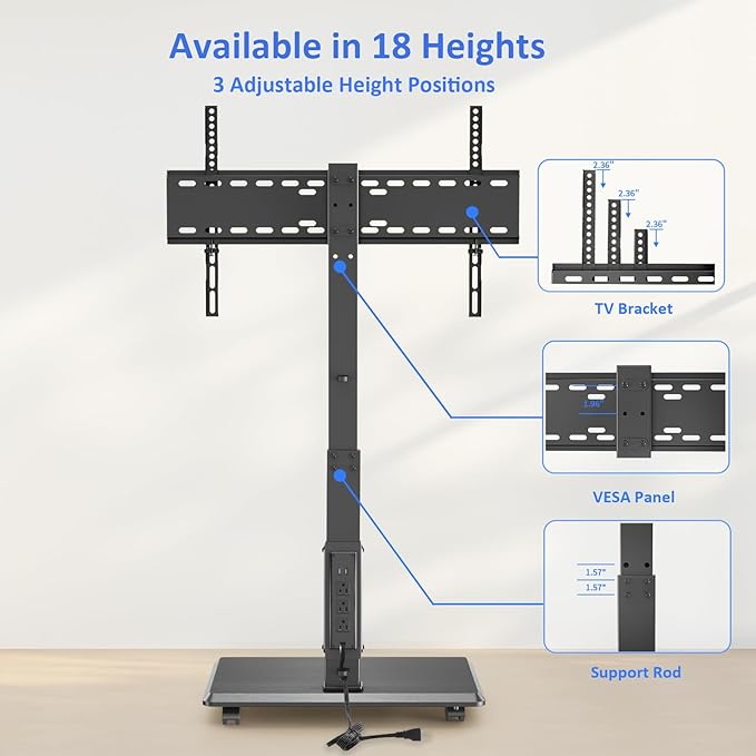 Afaloona Rolling TV Stand with Power Outlet, Mobile TV Stand - Image 5