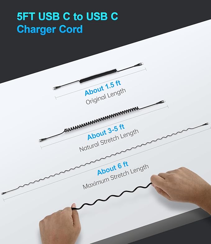 Coiled USB C to C Cable for Car 5FT, USB Type C Charger Cable Short USBC Fast - Image 6