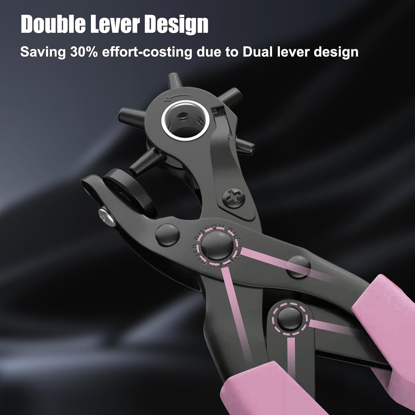 Diyife Leather Hole Puncher, Revolving Punch Plier, 6 Size Adjustment, Pink | Double-lever Design, More Labor-saving, Ergonomic & Locking Handles, 3 Extra Punch Plates Included, for Belts, Leather