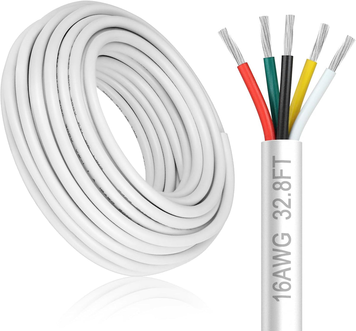 16 Gauge 5 Conductor Electrical Wire, 32.8FT White Stranded Low Voltage 16/5