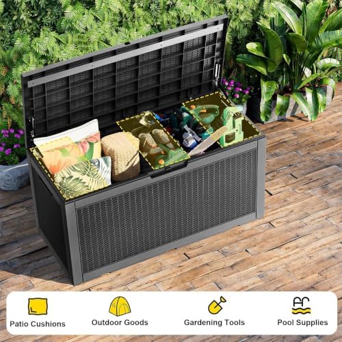 patiozen 120 gallon deck box,resin outdoor storage box showing dimensions