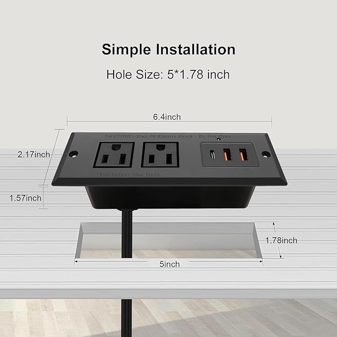 20W Recessed Power Strip USB C Fast Charge Desk Power Outlet Type C Flush - Image 2
