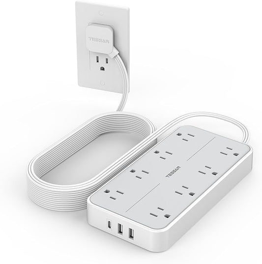 Flat Plug 15 FT Extension Cord, TESSAN Surge Protector Power Strip by TESSAN
