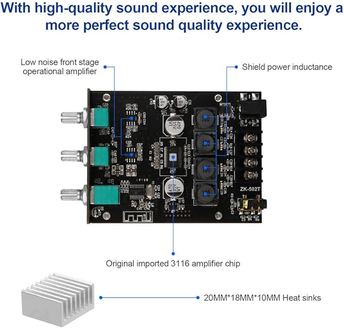 ZK-502T Power Amp Bluetooth 5.0 Audio Amplifiers Board 2.0 Channel 50W+50W AUX - Image 5
