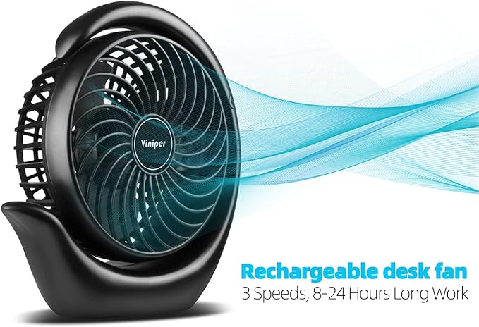 Viniper Portable Rechargeable Fan, Small Desk Fan : 3 Speeds & about 8-24 Hours - Image 2